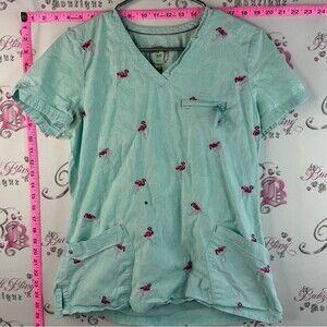 Health pro T-shirt flamingos Aqua V-neck Scrub Top with Pink Flamingo Print
